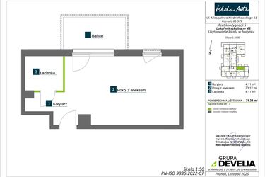 Rzut - Mieszkanie na sprzedaż 1 pokój o powierzchni 31,34 m² - numer AA0409 w Vilda Arte