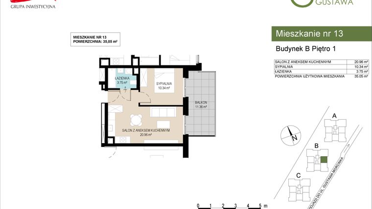 Rzut - Mieszkanie na sprzedaż 2 pokoje o powierzchni 35,05 m² - numer B13 w Wzgórze Gustawa