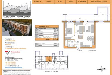 Rzut - Mieszkanie na sprzedaż 3 pokoje o powierzchni 49,55 m² - numer M11 w Weduta Krakowa