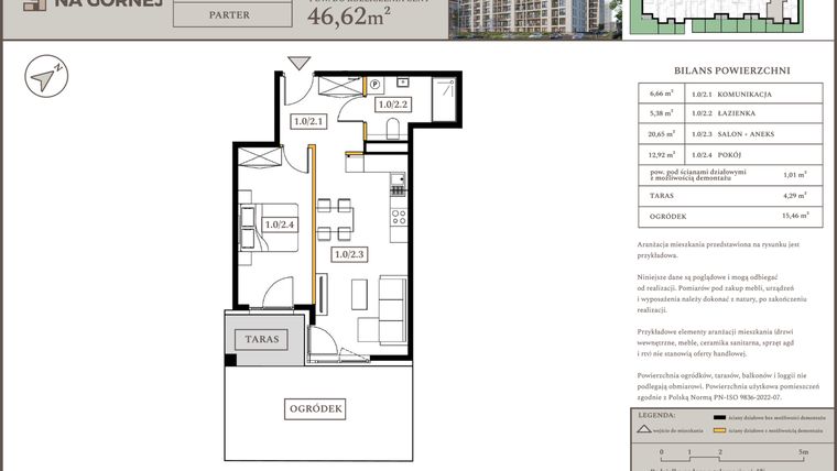 Rzut - Mieszkanie na sprzedaż 2 pokoje o powierzchni 45,61 m² - numer M2 w Osiedle Na Górnej etap V