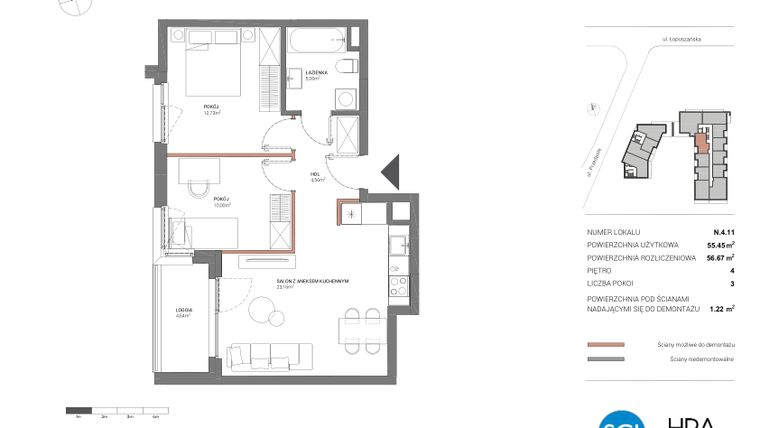 Rzut - Mieszkanie na sprzedaż 3 pokoje o powierzchni 56,49 m² - numer N.4.11 w Łopuszańska 47 - etap 4