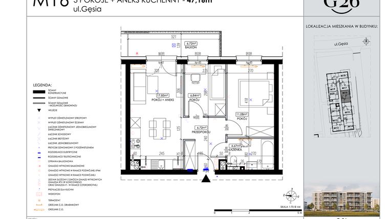 Rzut - Mieszkanie na sprzedaż 3 pokoje o powierzchni 47,16 m² - numer 16 w Gęsia 26