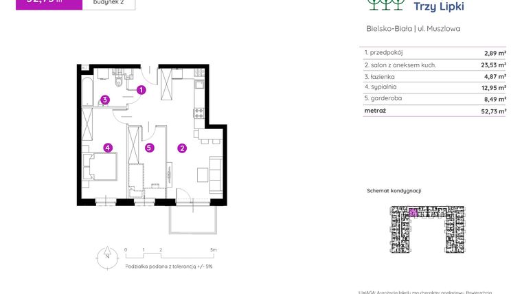 Rzut - Mieszkanie na sprzedaż 2 pokoje o powierzchni 53,04 m² - numer 2.A.1.09 w Murapol Trzy Lipki etap II