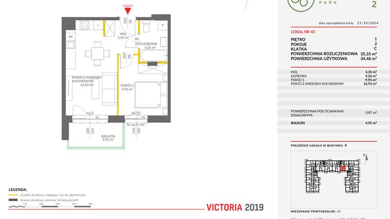 Rzut - Mieszkanie na sprzedaż 2 pokoje o powierzchni 35,35 m² - numer B.43 w Olchowy Park II