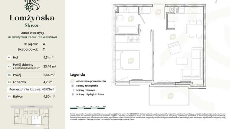 Rzut - Mieszkanie na sprzedaż 2 pokoje o powierzchni 43,62 m² - numer 15 w Łomżyńska Skwer