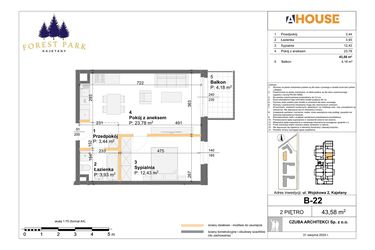 Rzut - Mieszkanie na sprzedaż 2 pokoje o powierzchni 43,58 m² - numer B.22 w Forest Park Kajetany