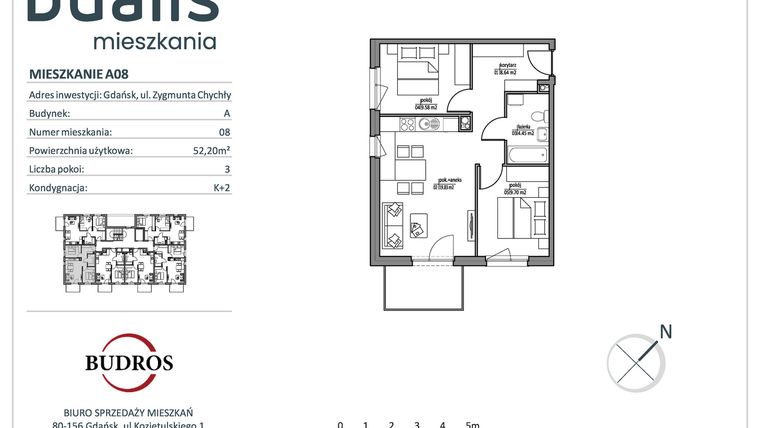 Rzut - Mieszkanie na sprzedaż 3 pokoje o powierzchni 52,2 m² - numer A08 w Dualis