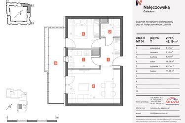 Rzut - Mieszkanie na sprzedaż 2 pokoje o powierzchni 42,19 m² - numer M-154 w Nałęczowska etap II