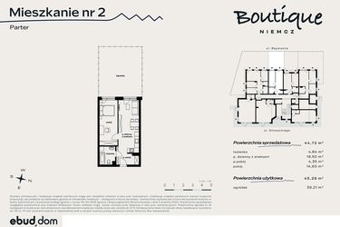 Rzut - Mieszkanie na sprzedaż 2 pokoje o powierzchni 43,29 m² - numer 2 w Boutique NIEMCZ