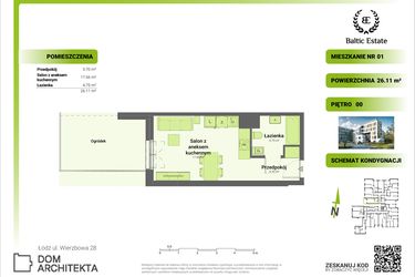 Rzut - Mieszkanie na sprzedaż 1 pokój o powierzchni 26,52 m² - numer 00.M.01 w Dom Architekta