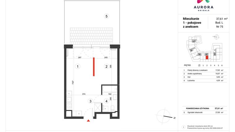 Rzut - Mieszkanie na sprzedaż 1 pokój o powierzchni 37,61 m² - numer L-75 w Osiedle Aurora - bud. L