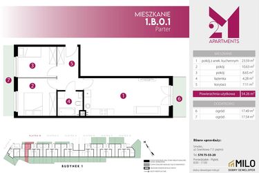 Rzut - Mieszkanie na sprzedaż 3 pokoje o powierzchni 54,26 m² - numer 1.B.0.1 w 2M Apartments etap IV