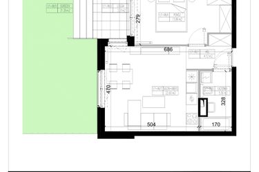 Rzut - Mieszkanie na sprzedaż 2 pokoje o powierzchni 45,91 m² - numer 1.8 w Ogrody Wiślane etap VI