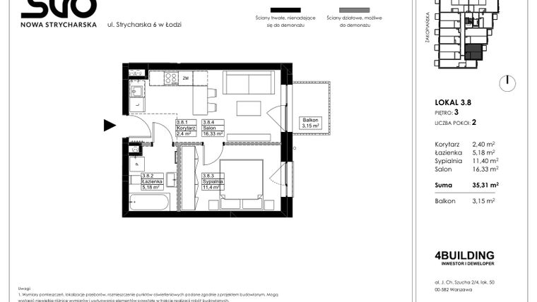 Rzut - Mieszkanie na sprzedaż 2 pokoje o powierzchni 35,31 m² - numer 3.8 w Nowa Strycharska | STR 6