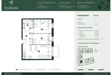 Rzut - Mieszkanie na sprzedaż 3 pokoje o powierzchni 43,43 m² - numer B.4.6 w IVY HOUSE