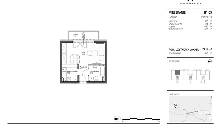 Rzut - Mieszkanie na sprzedaż 1 pokój o powierzchni 29,12 m² - numer B1.05 w Tarasy Wierzycy