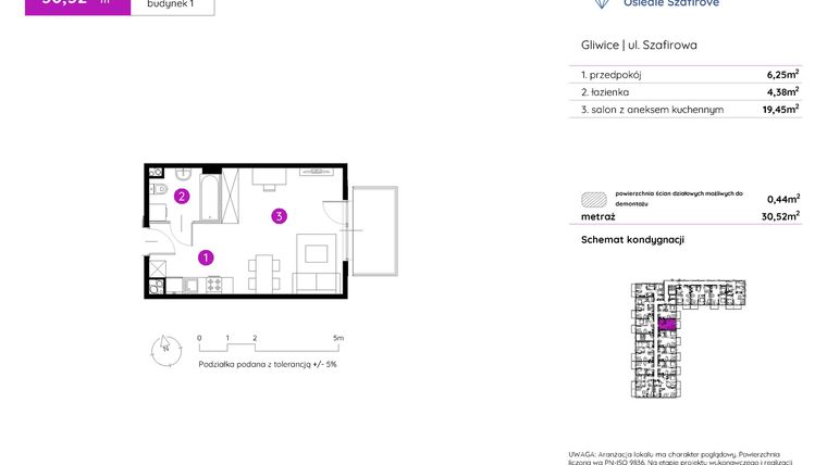 Rzut - Mieszkanie na sprzedaż 1 pokój o powierzchni 30,52 m² - numer 1.A.1.02 w Murapol Osiedle Szafirove II