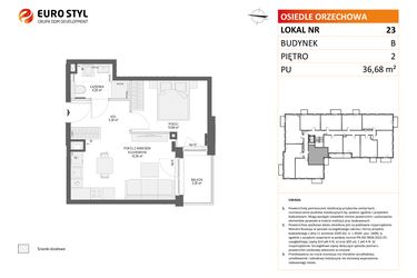 Rzut - Mieszkanie na sprzedaż 2 pokoje o powierzchni 36,68 m² - numer B23 w Osiedle Orzechowa