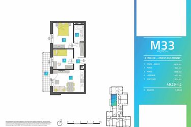 Rzut - Mieszkanie na sprzedaż 3 pokoje o powierzchni 49,42 m² - numer M33 w Mi9