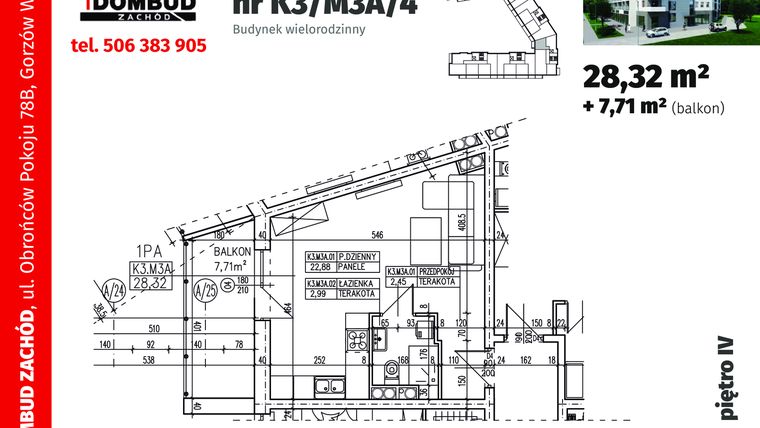 Rzut - Mieszkanie na sprzedaż 1 pokój o powierzchni 28,32 m² - numer K3/M3A/4 w Srebrne Pola