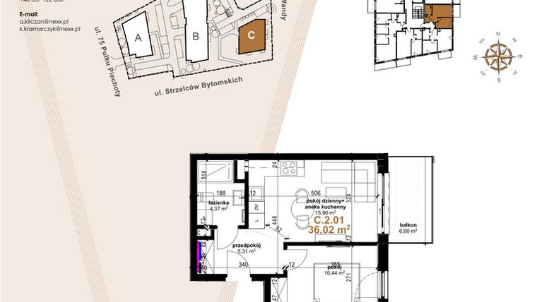 Rzut - Mieszkanie na sprzedaż 2 pokoje o powierzchni 36,02 m² - numer C.2.01 w Vanda Park