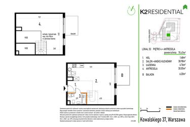 Rzut - Mieszkanie na sprzedaż 1 pokój o powierzchni 75,47 m² - numer 53 w Kowalskiego 37