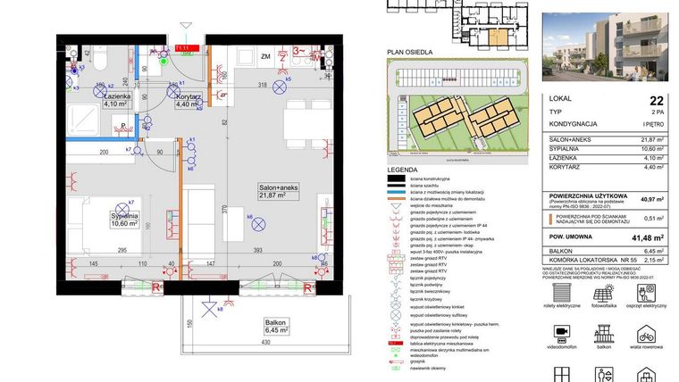 Rzut - Mieszkanie na sprzedaż 2 pokoje o powierzchni 40,97 m² - numer 22 w Harmony Antoninek