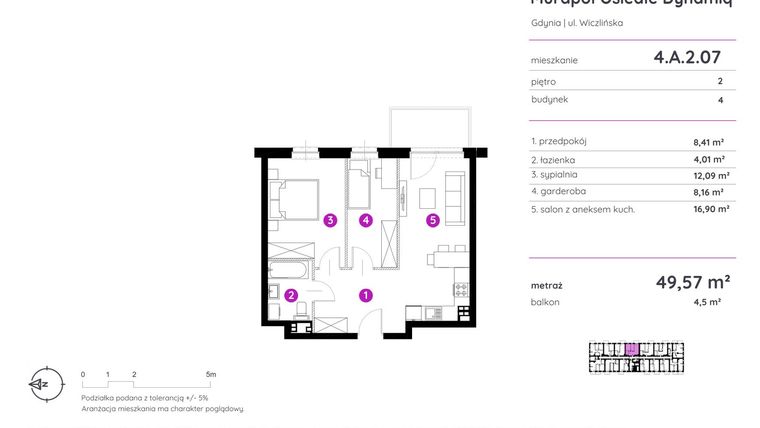 Rzut - Mieszkanie na sprzedaż 2 pokoje o powierzchni 49,57 m² - numer 4.A.2.07 w Murapol Osiedle Dynamiq