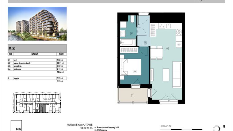 Rzut - Mieszkanie na sprzedaż 2 pokoje o powierzchni 39,77 m² - numer D50 w Panorama Kwiatkowskiego