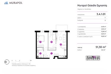 Rzut - Mieszkanie na sprzedaż 2 pokoje o powierzchni 51,3 m² - numer 3.A.1.01 w Murapol Osiedle Dynamiq