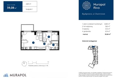 Rzut - Mieszkanie na sprzedaż 1 pokój o powierzchni 39,08 m² - numer 1.C.4.04 w Murapol Rivo