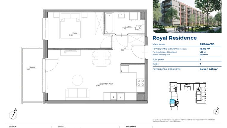 Rzut - Mieszkanie na sprzedaż 2 pokoje o powierzchni 45,82 m² - numer RR/6A/A/2/3 w Royal Residence 6A