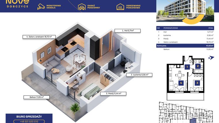 Rzut - Mieszkanie na sprzedaż 2 pokoje o powierzchni 41,43 m² - numer M10 w Nove Dobczyce
