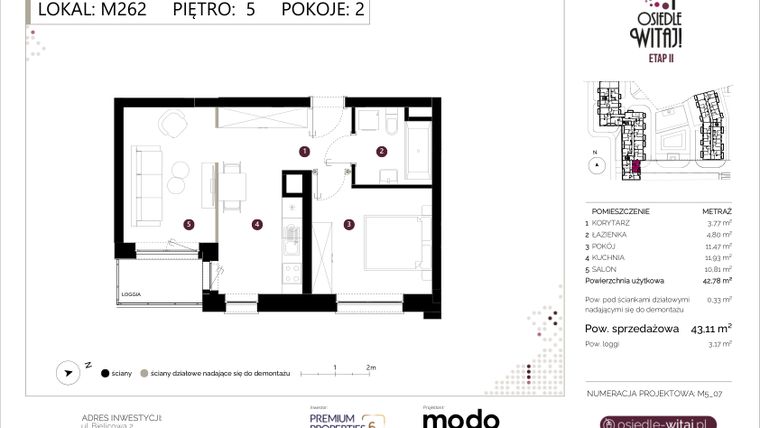 Rzut - Mieszkanie na sprzedaż 2 pokoje o powierzchni 43,11 m² - numer M262 w Osiedle Witaj etap II