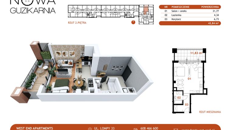 Rzut - Mieszkanie na sprzedaż 1 pokój o powierzchni 42,95 m² - numer A.2.117 w Nowa Guzikarnia