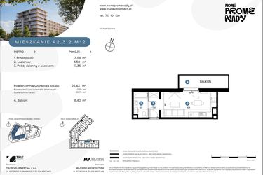 Rzut - Mieszkanie na sprzedaż 1 pokój o powierzchni 25,43 m² - numer A2.3.2.M12 w Nowe Promenady