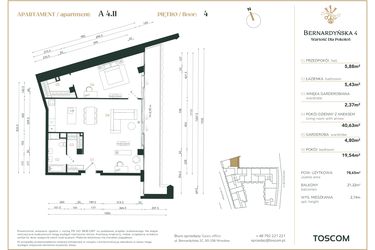 Rzut - Mieszkanie na sprzedaż 4 pokoje o powierzchni 78,65 m² - numer A/4/11 w Bernardyńska 4