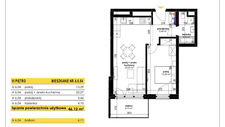 Rzut - Mieszkanie na sprzedaż 2 pokoje o powierzchni 46,15 m² - numer A 6.04 w Park Moniuszki II C
