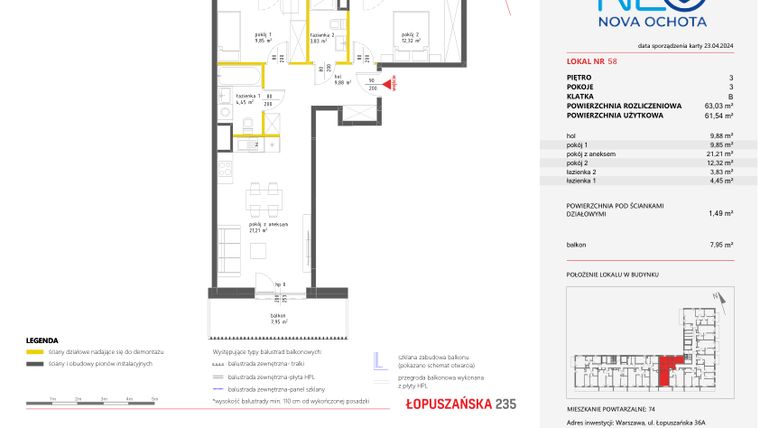 Rzut - Mieszkanie na sprzedaż 3 pokoje o powierzchni 63,03 m² - numer 58 w Neo Nova Ochota