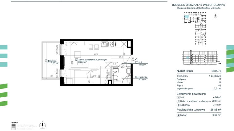 Rzut - Mieszkanie na sprzedaż 1 pokój o powierzchni 28,85 m² - numer BB0273 w Orneko