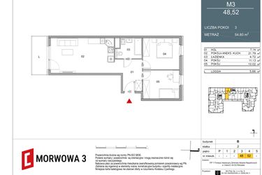 Rzut - Mieszkanie na sprzedaż 3 pokoje o powierzchni 54,8 m² - numer 52 w Morwowa 3