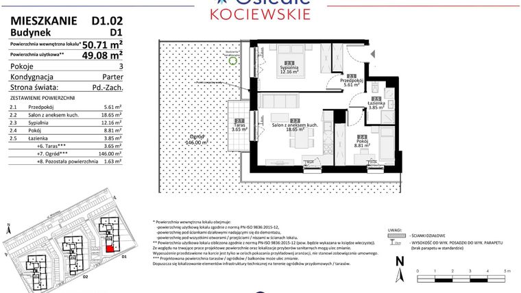 Rzut - Mieszkanie na sprzedaż 3 pokoje o powierzchni 49,08 m² - numer D1.02 w Osiedle Kociewskie etap III