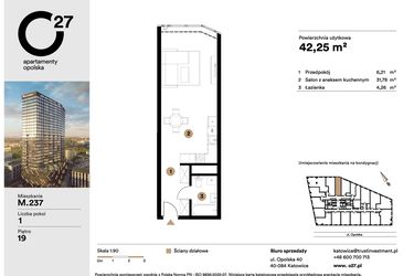 Rzut - Mieszkanie na sprzedaż 1 pokój o powierzchni 42,25 m² - numer M.237 w O27 Apartamenty Opolska