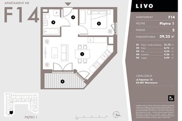 Rzut - Mieszkanie na sprzedaż 2 pokoje o powierzchni 39,25 m² - numer F14 w Livo