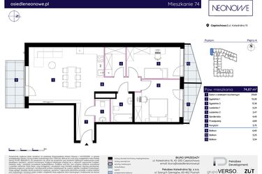 Rzut - Mieszkanie na sprzedaż 3 pokoje o powierzchni 74,87 m² - numer 15/74 w Osiedle Neonowe