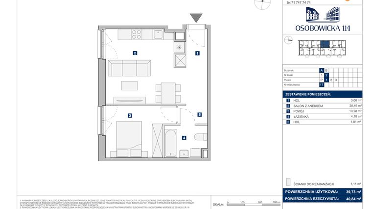 Rzut - Mieszkanie na sprzedaż 2 pokoje o powierzchni 39,73 m² - numer A.17 w Osobowicka 114