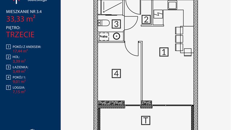 Rzut - Mieszkanie na sprzedaż 2 pokoje o powierzchni 33,33 m² - numer B2.M.3.4 w Tarasy Sobieskiego