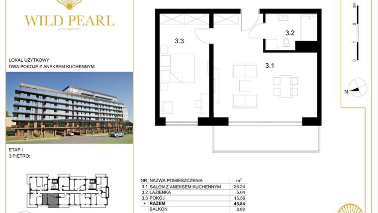 Rzut - Mieszkanie na sprzedaż 2 pokoje o powierzchni 46,84 m² - numer 3.3 w Wild Pearl