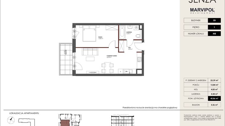 Rzut - Mieszkanie na sprzedaż 2 pokoje o powierzchni 45,86 m² - numer D.M08 w Osiedle Senza