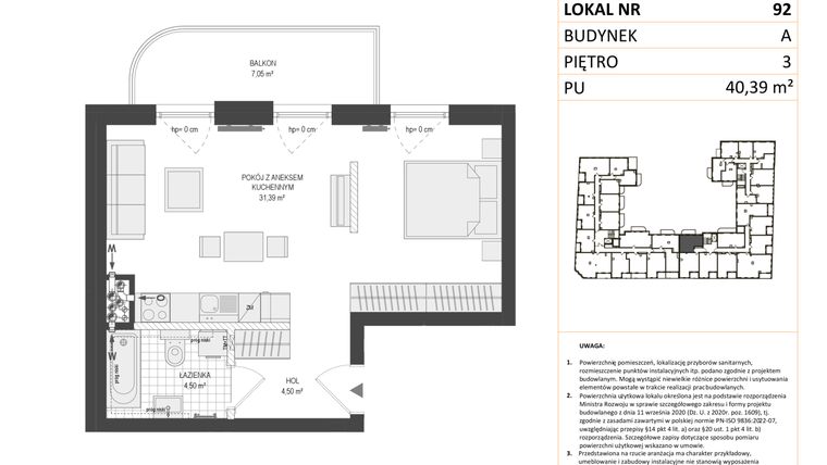 Rzut - Mieszkanie na sprzedaż 1 pokój o powierzchni 40,39 m² - numer A.92 w Esencja